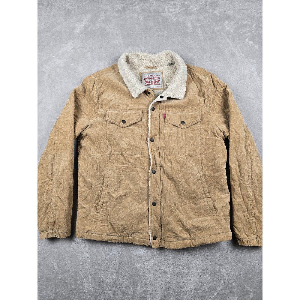 Levi's Corduroy Sherpa Trucker Jacket Mens Large Tan Beige Faux Fur Lined Snap